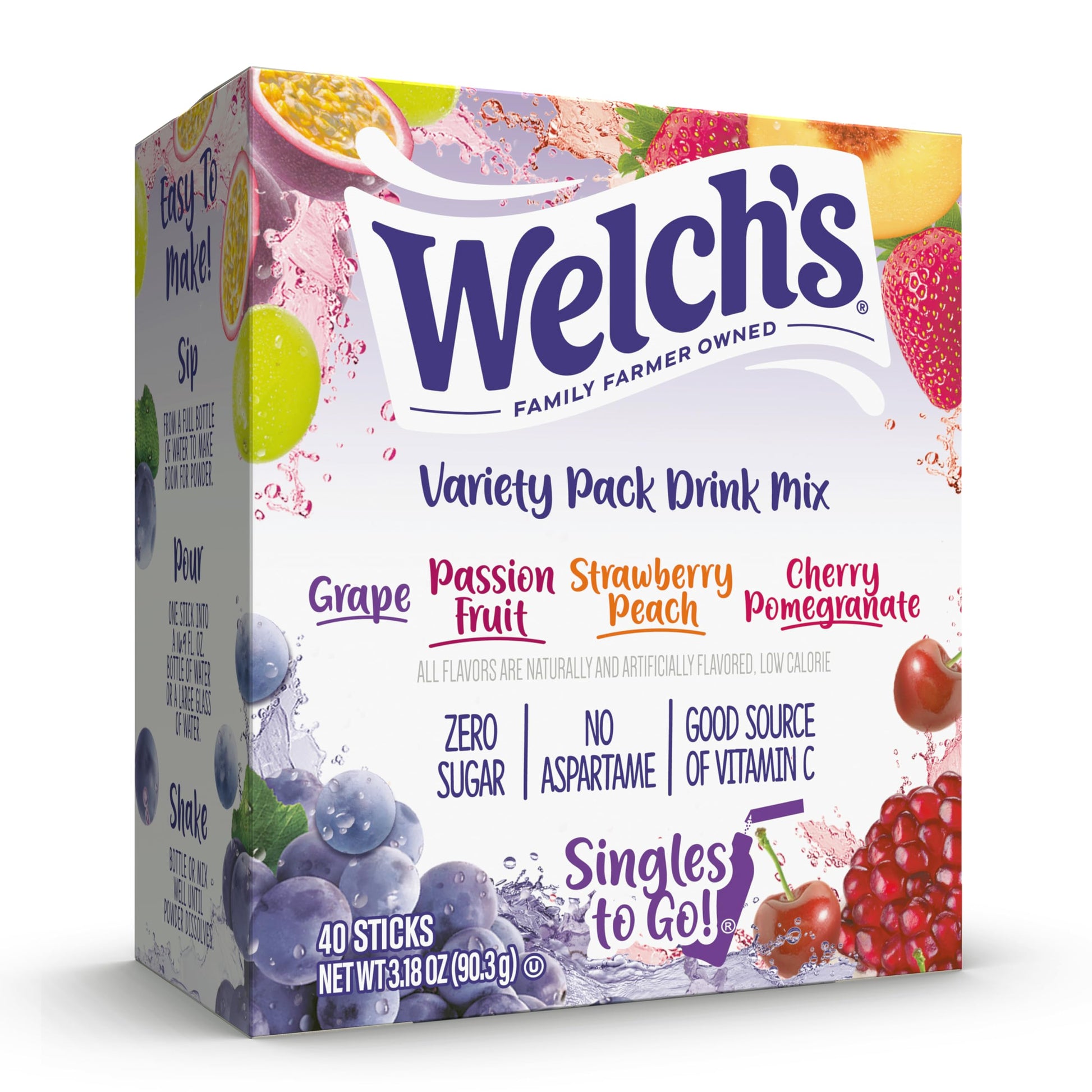 Welch's Singles To Go Powdered Drink Mix - Zero Calorie Strawberry Peach Stick Packs for Mindful Daily Water Intake