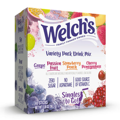 Welch's Singles To Go Powdered Drink Mix - Zero Calorie Strawberry Peach Stick Packs for Mindful Daily Water Intake