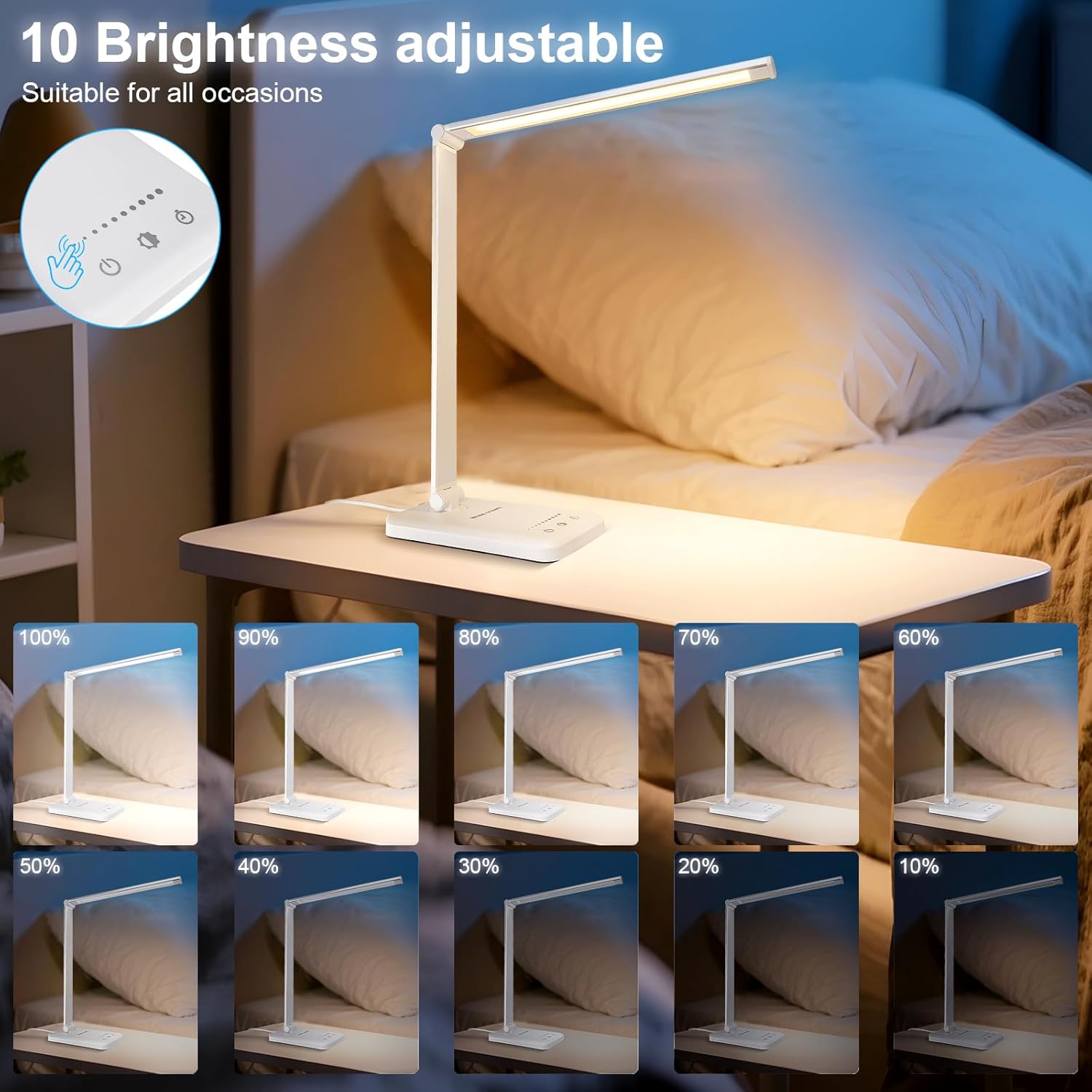 White crown LED Desk Lamp with USB Port – Focused Home Office Task Lighting for Remote Work and Study