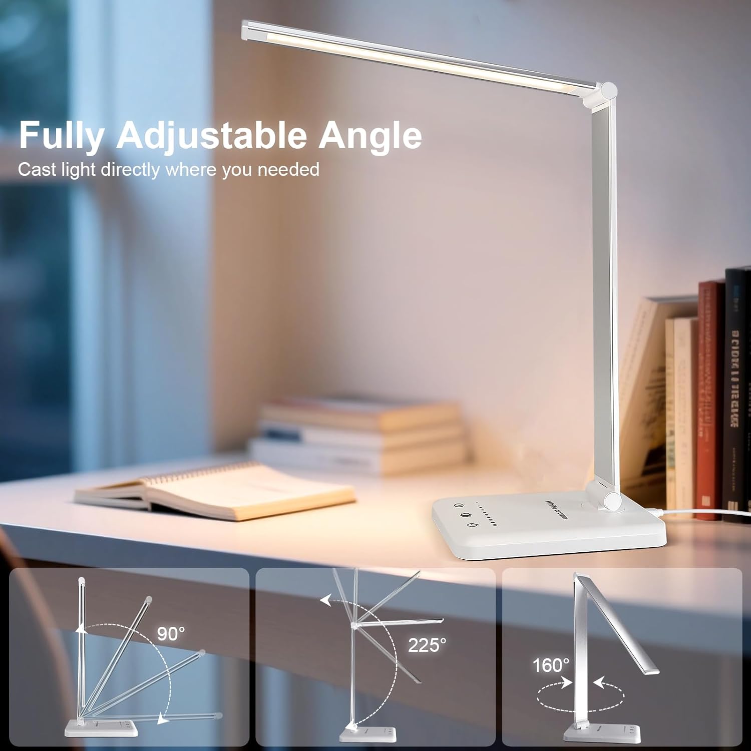 White crown LED Desk Lamp with USB Port – Focused Home Office Task Lighting for Remote Work and Study