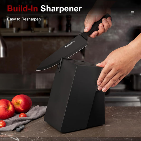 wooden knife block with integrated built-in sharpener (one-handed use)