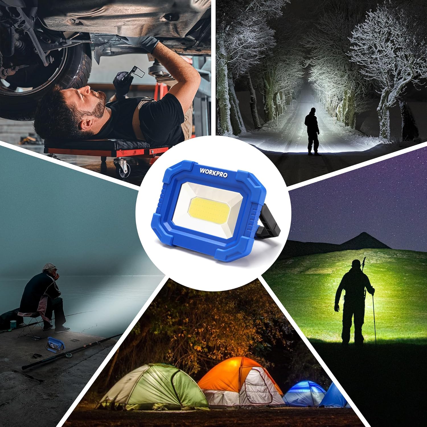 WORKPRO Portable LED Work Light – Camping and Fishing Floodlight with Magnetic Base, 2000LM, 2 Pack