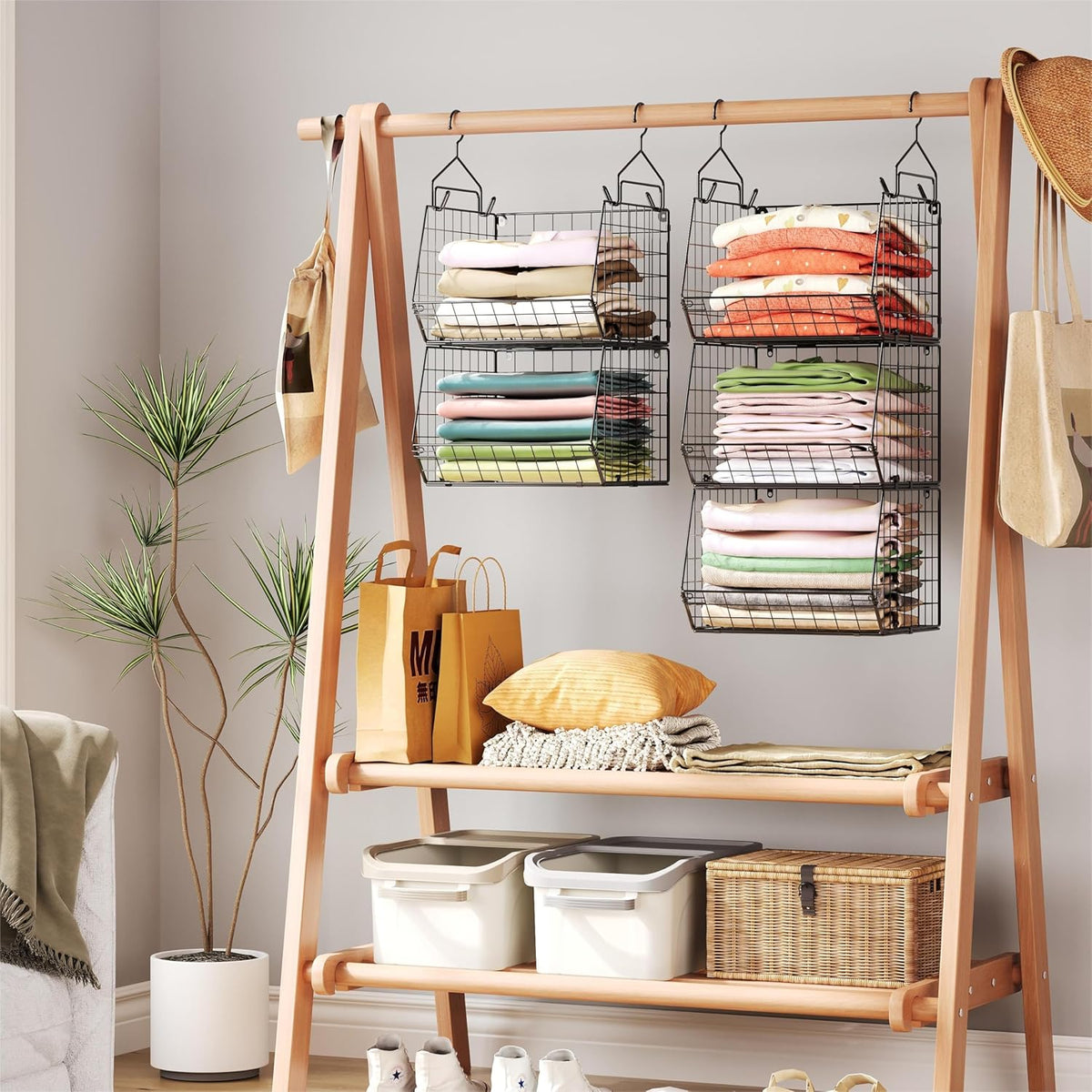 X-cosrack Foldable Wire Basket Tower – Hanging Closet Storage for Streamlined Morning Routines, 5 Tier