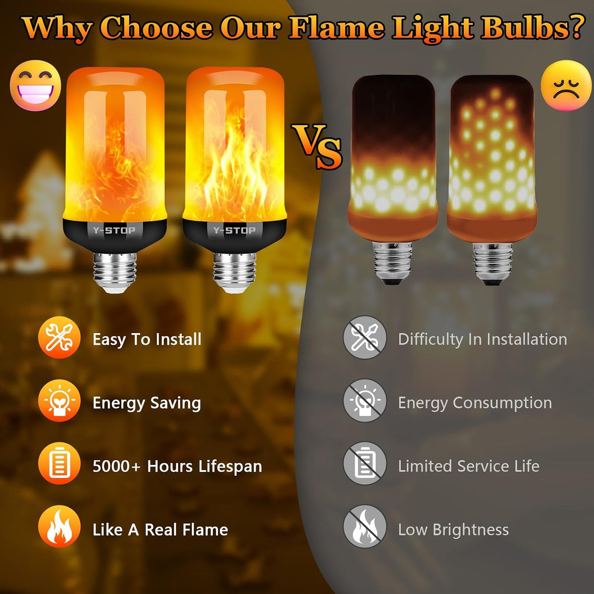 Y-STOP Open-Air Flame Bulb – Durable LED Flicker for Restaurant Patios, Bar Counters, and Pop-Up Event Spaces, 2 Pack