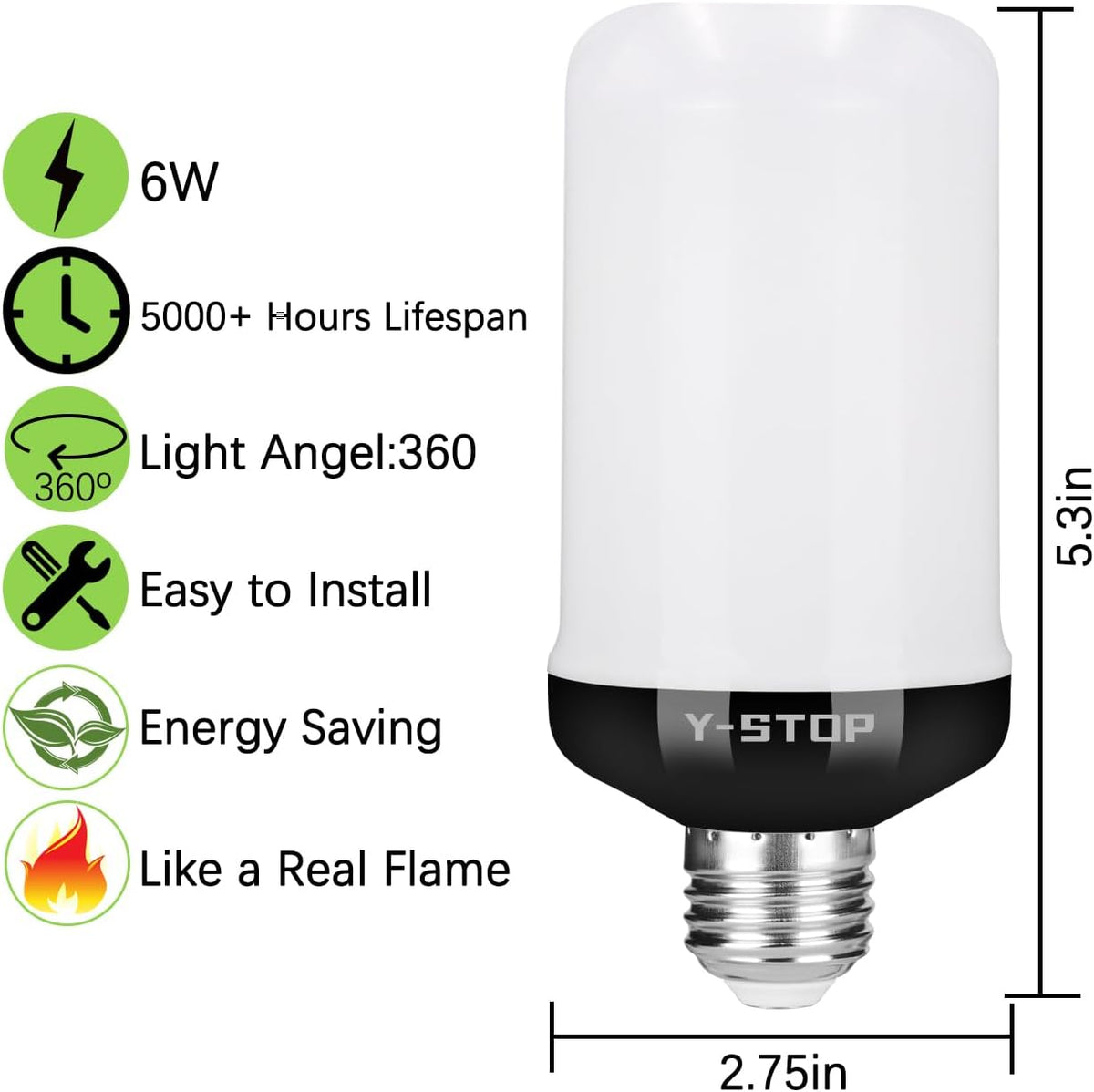 Y-STOP Open-Air Flame Bulb – Durable LED Flicker for Restaurant Patios, Bar Counters, and Pop-Up Event Spaces, 2 Pack