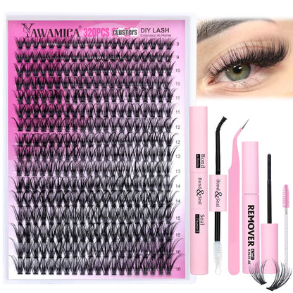 Yawamica Lash Clusters Kit 320pcs Eyelash Clusters D Curly 9-16mm 40D Individual Lashes Wispy Lash Extension Kit with Bond and Seal and Lash Remover and Lash Applicator for Eyelash Extension Beginners