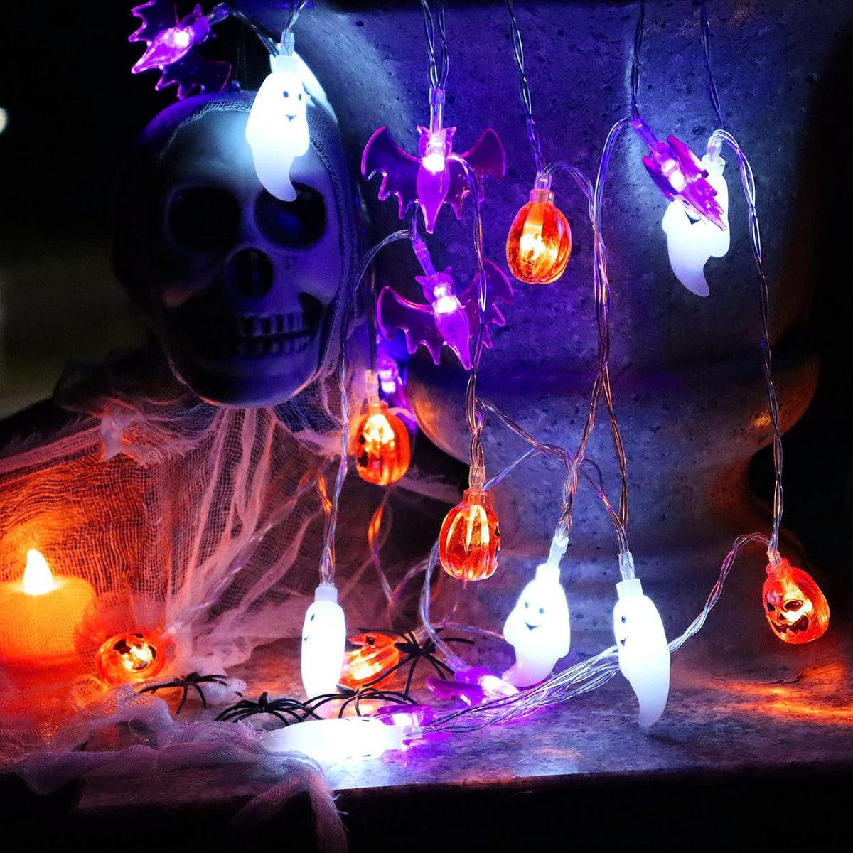 Zimati Halloween Lights 16 ft Battery Operated 3D Pumpkin Bat Spider LED String, Weather Resistant Garden and Fence Outdoor Holiday Lighting