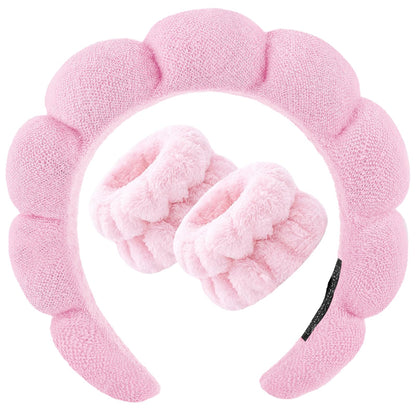 Zkptops Spa Headband for Washing Face Wristband Set Sponge Makeup Skincare Headband Terry Cloth Bubble Soft Get Ready Hairband Women Girl Puffy Padded Headwear Non Slip Thick Hair Accessory(Pink-2)