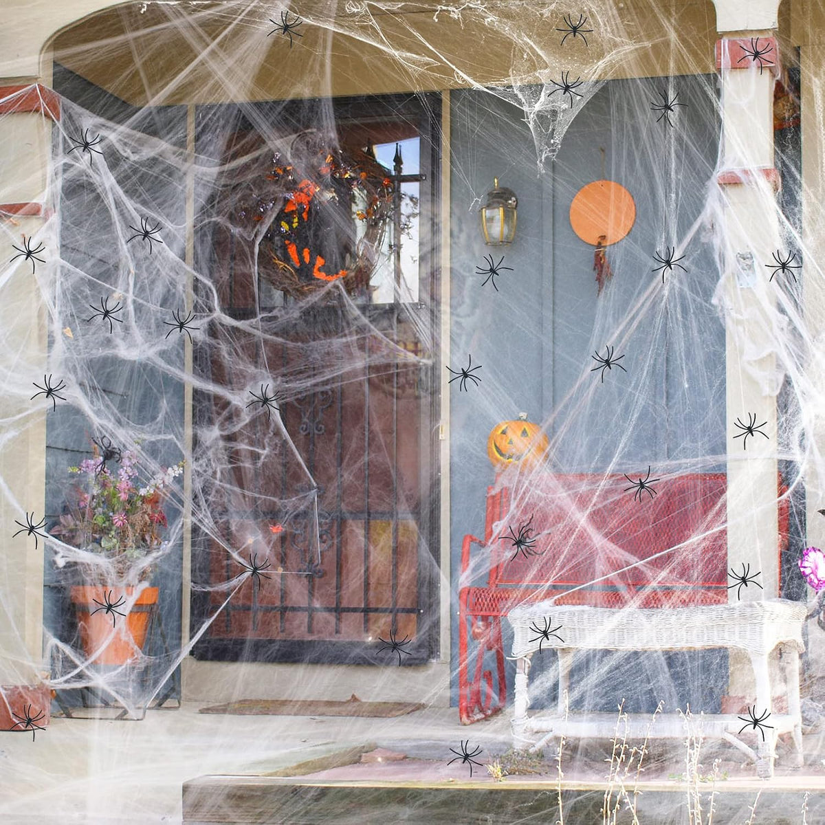 ZPISF Halloween Spider Webs Outdoor Decor – 1400 sqft Weather-Resistant Stretchy Cobwebs with 150 Spiders for Patio and Front Yard
