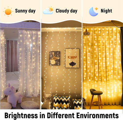 ZSJWL 300 LED Curtain Fairy Lights with Remote, 9.8 × 9.8 Ft Twinkle Window Backdrop for Bedroom and Living Room Ambient Decor, Warm White